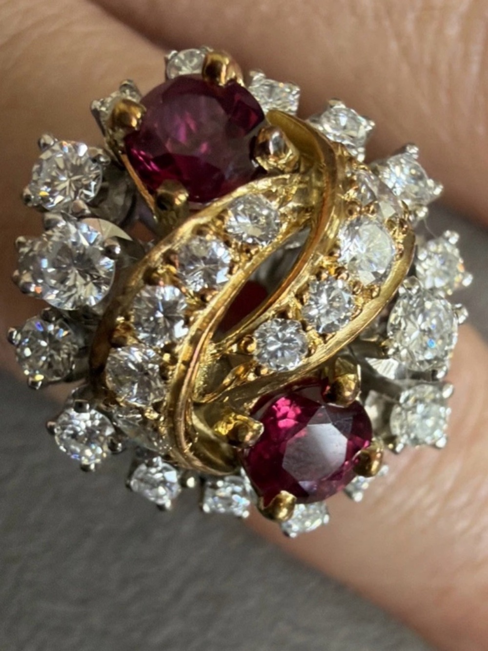 DIAMOND 2.34CT RUBY 18K GOLD TWO TONE SWIRL COCKTAILS RING 11.1GRAMS NR